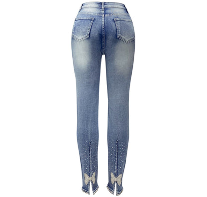 High-Waist Rhinestone Stretch Jeans