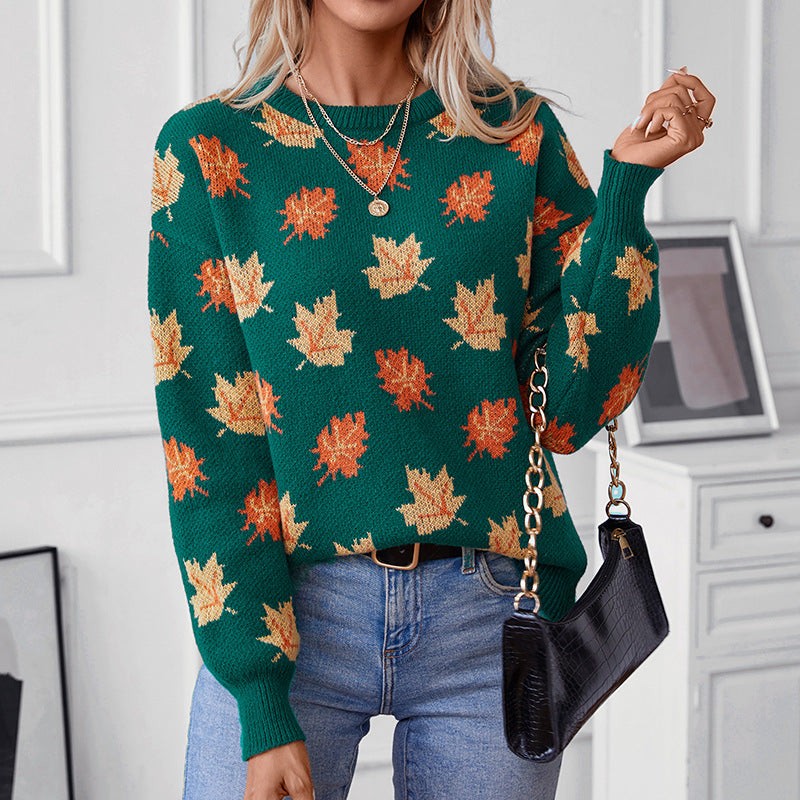 Autumn Maple Leaf Pattern Jacquard Casual Pullover Sweater