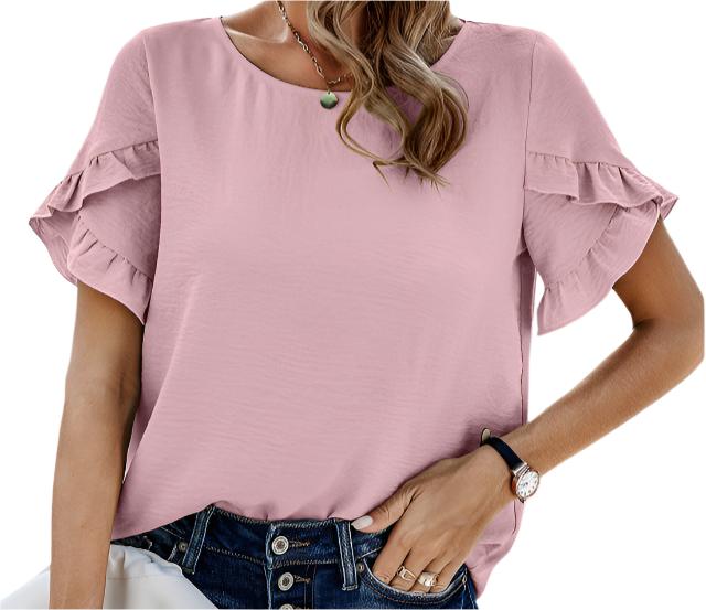 Solid Color Lace Short Sleeved Blouse