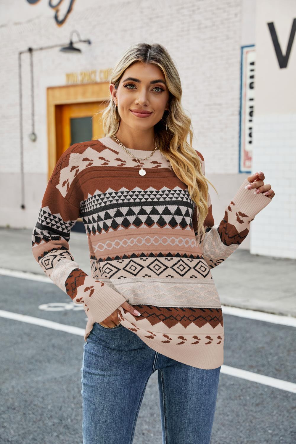 Retro Pattern Rhombus Jacquard Multi Color Knitwear Pullover Sweater