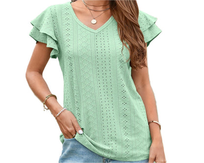 Mesh Hollow Cutout Ruffle Sleeve Casual Top