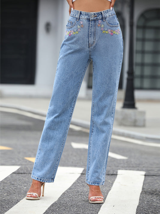 High Waist Embroidered Stars Straight Jeans