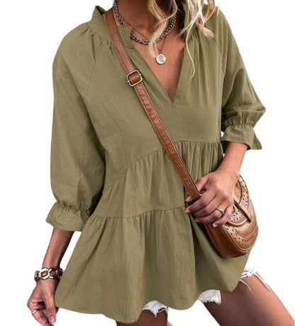 Loose V-neck Pleated Shirt Top