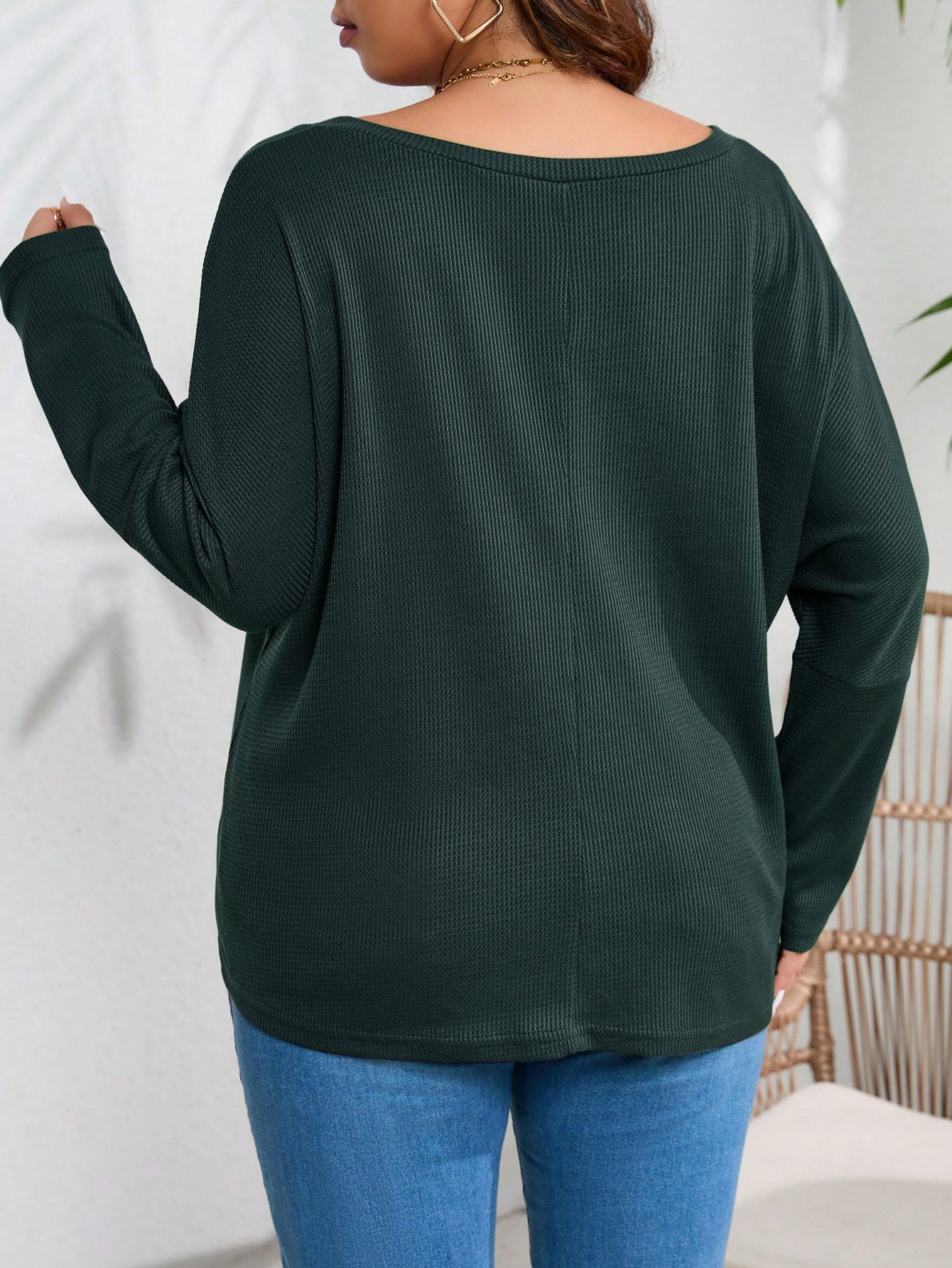 Plus Size Loose Casual V-neck Waffle Long Sleeve Top