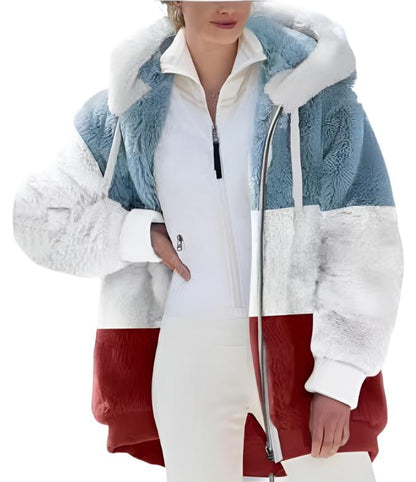 Warm Plush Patchwork Zipper Pocket Hooded Loose Coat