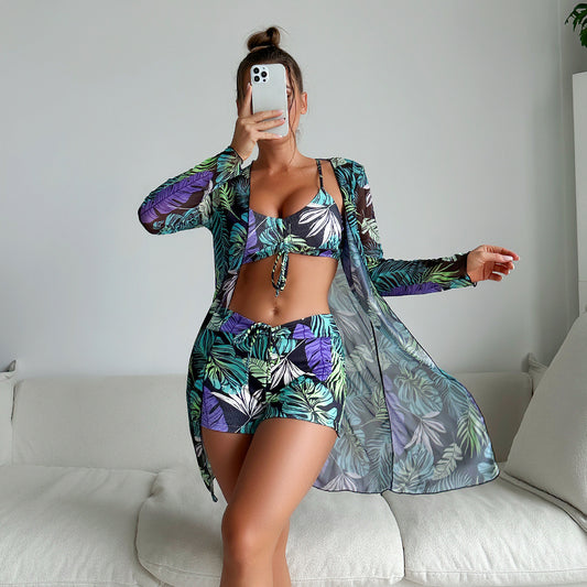 Split Three Piece Shorts Bikini Printed Coverup