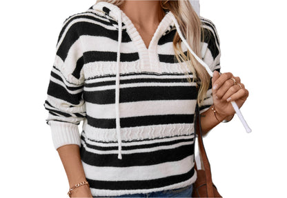 Striped Pullover Hooded Drawstring Knitted Sweater