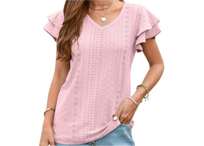 Mesh Hollow Cutout Ruffle Sleeve Casual Top