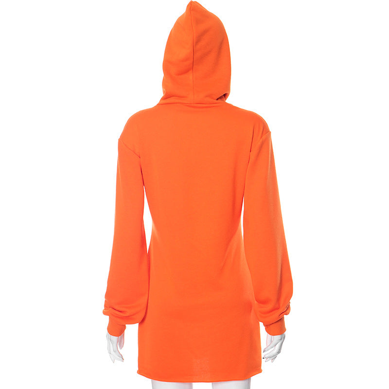 Halloween Pumpkin Print Long-Sleeve Hoodie with Drawstrings Sweater Dress