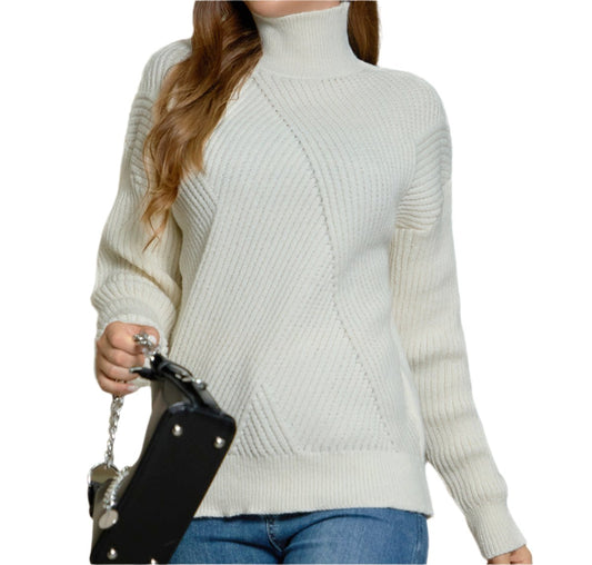 Half Turtleneck Pullover Vertical Pattern Sunken Stripe Sweater