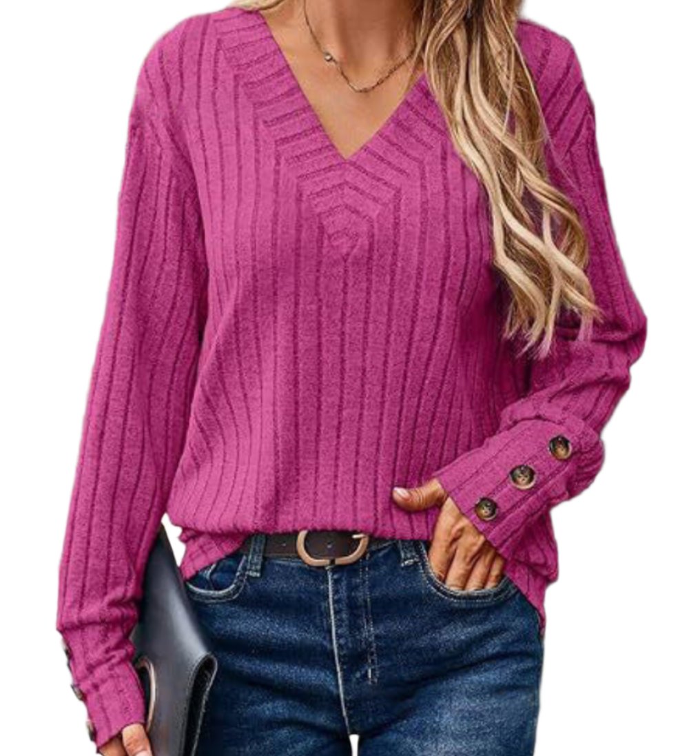 Sunken Stripe V-neck Button Long Sleeved Sweater