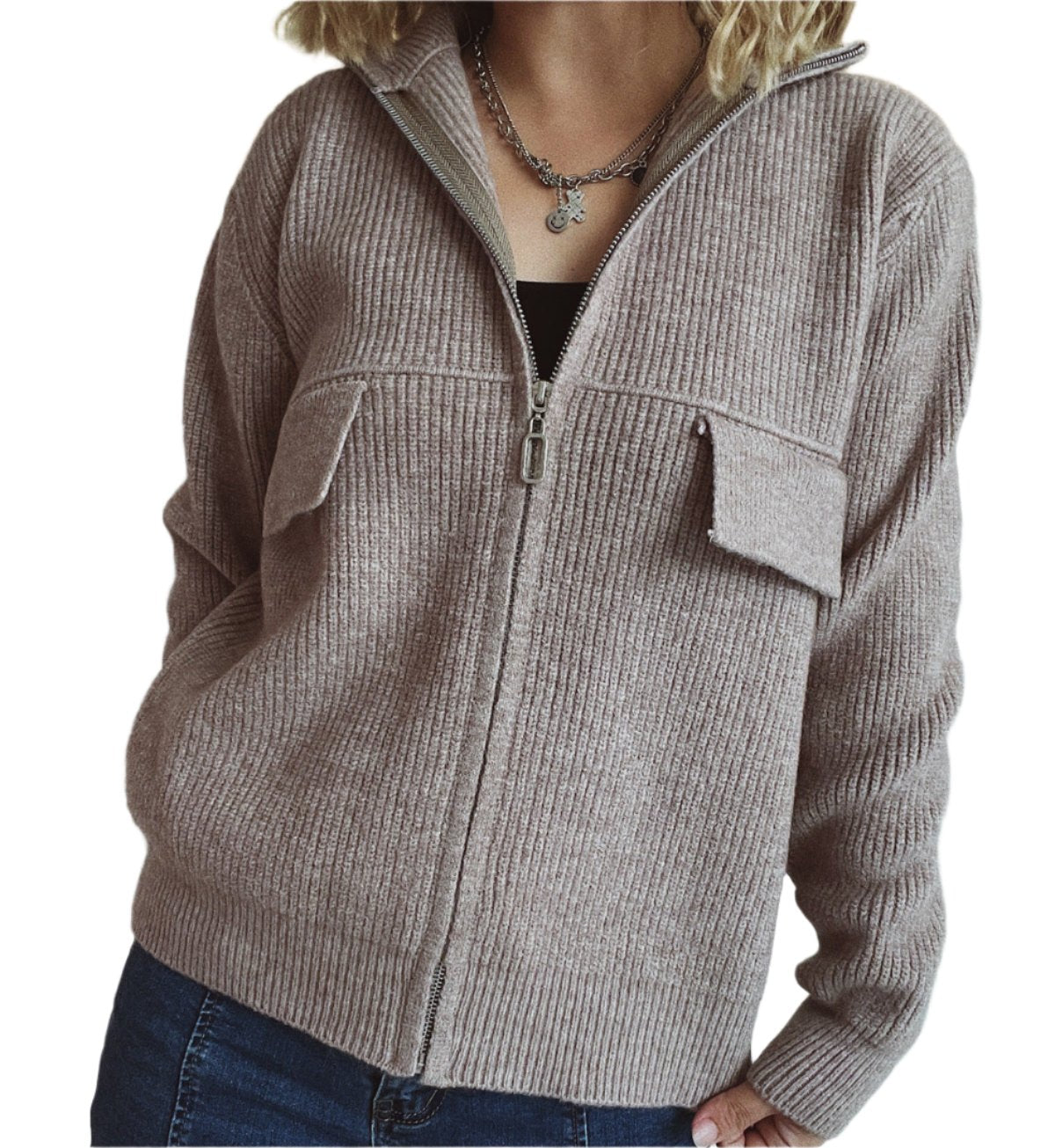 Zipper Pocket Knitted Cardigan