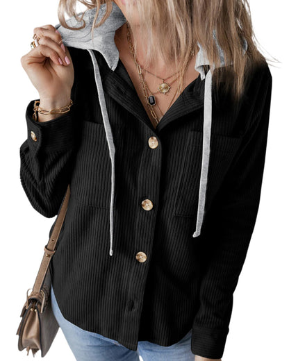 Pouch Hooded Drawstring Striped Coat