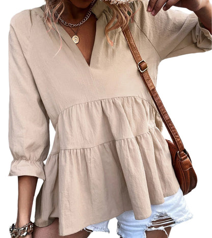 Loose V-neck Pleated Shirt Top