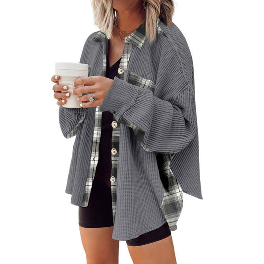 Casual Waffle Plaid Knitted Jacket