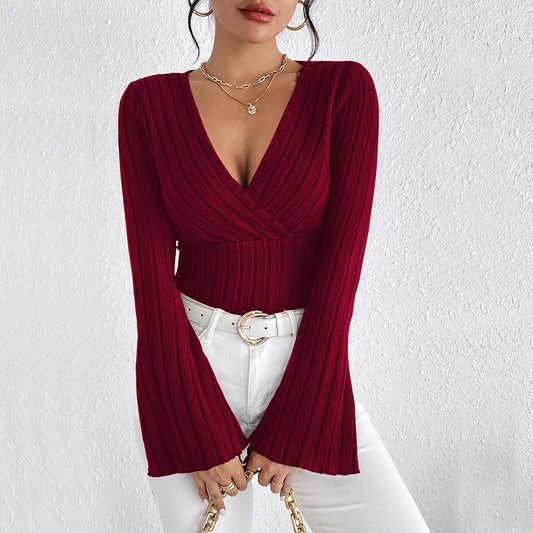 V-neck Flared Sleeves Wine Red Long Sleeve Top