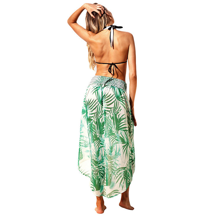 Tropical Leaf Print Chest Wrapped Beach Dress