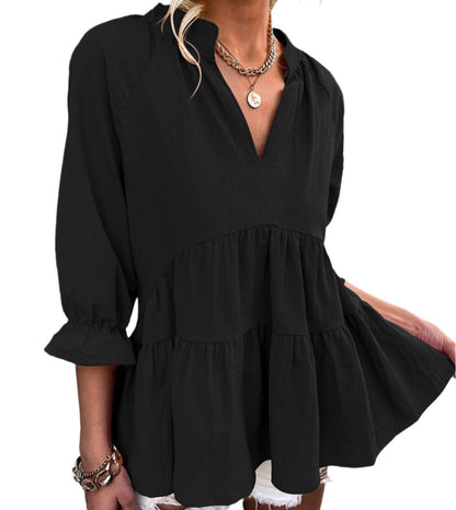 Loose V-neck Pleated Shirt Top