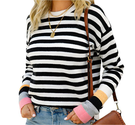 Casual Round Neck Pullover Patchwork Sleeve Sweater