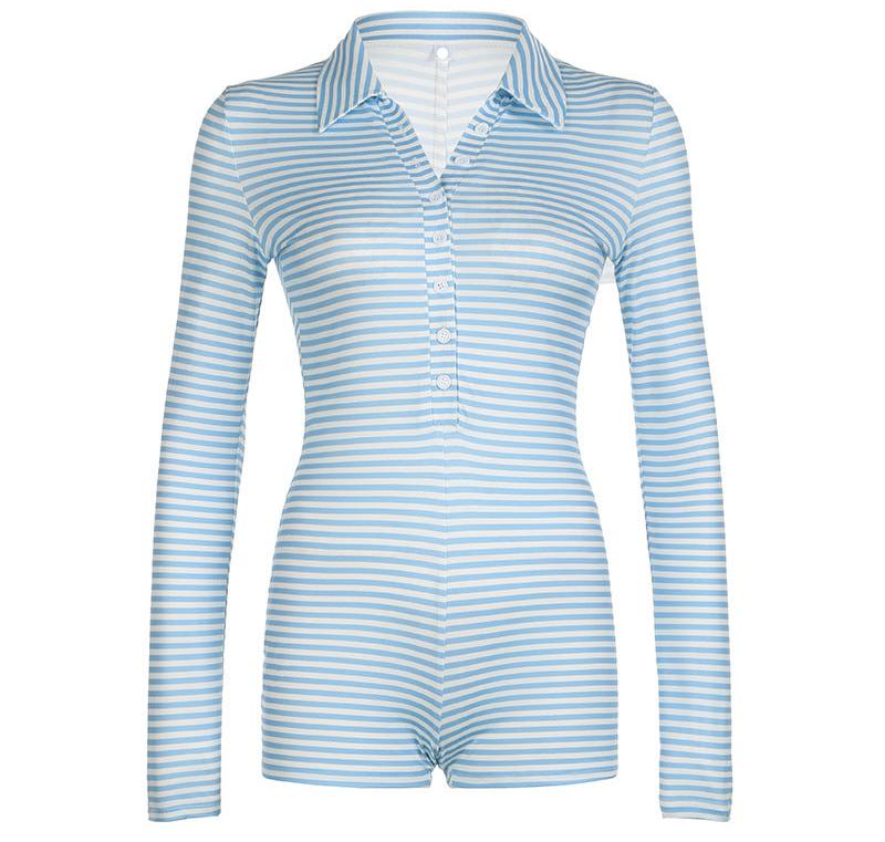 Striped Polo Collar Loungewear Romper