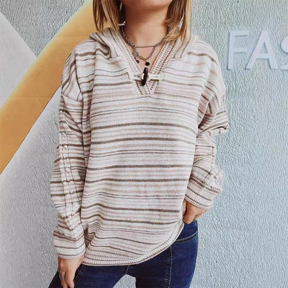 Hoodie Loose Striped Pullover Horn Button Sweater