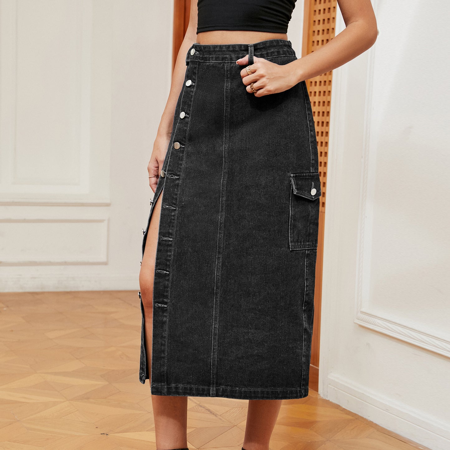 Sexy Semi Elastic Denim Cargo Pants Casual Skirt