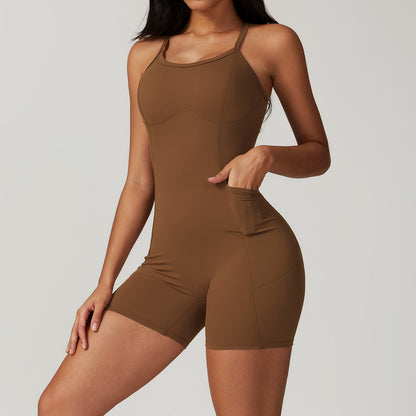 Pocket Casual Tight Back Yoga Quick Drying Nude Feel Sports Workout Romper