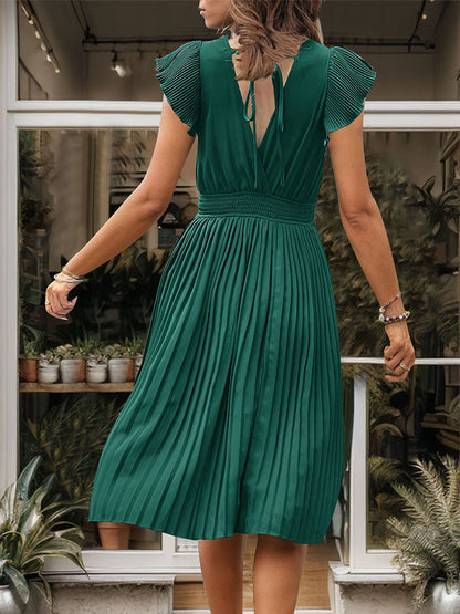 Pleated Short Sleeve Solid Color Dress
