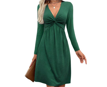 Sexy V-neck Twisted Waist A-Line Long Sleeve Dress