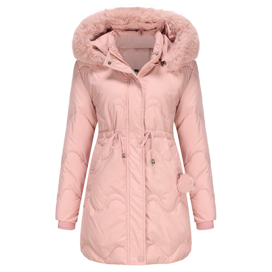 Cotton Detachable Wool Hooded Mid Length Parka Coat