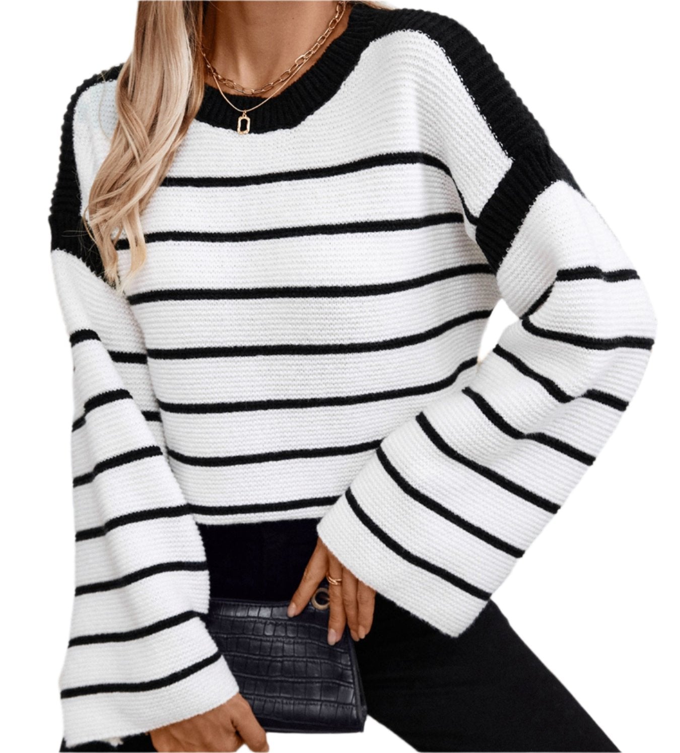 Black White Striped Pullover Sweater