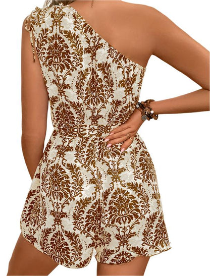 Printed Drawstring Off Shoulder Romper