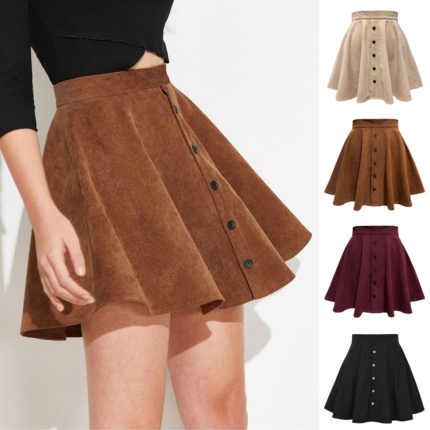 Corduroy Single Row Button High Waist Skirt