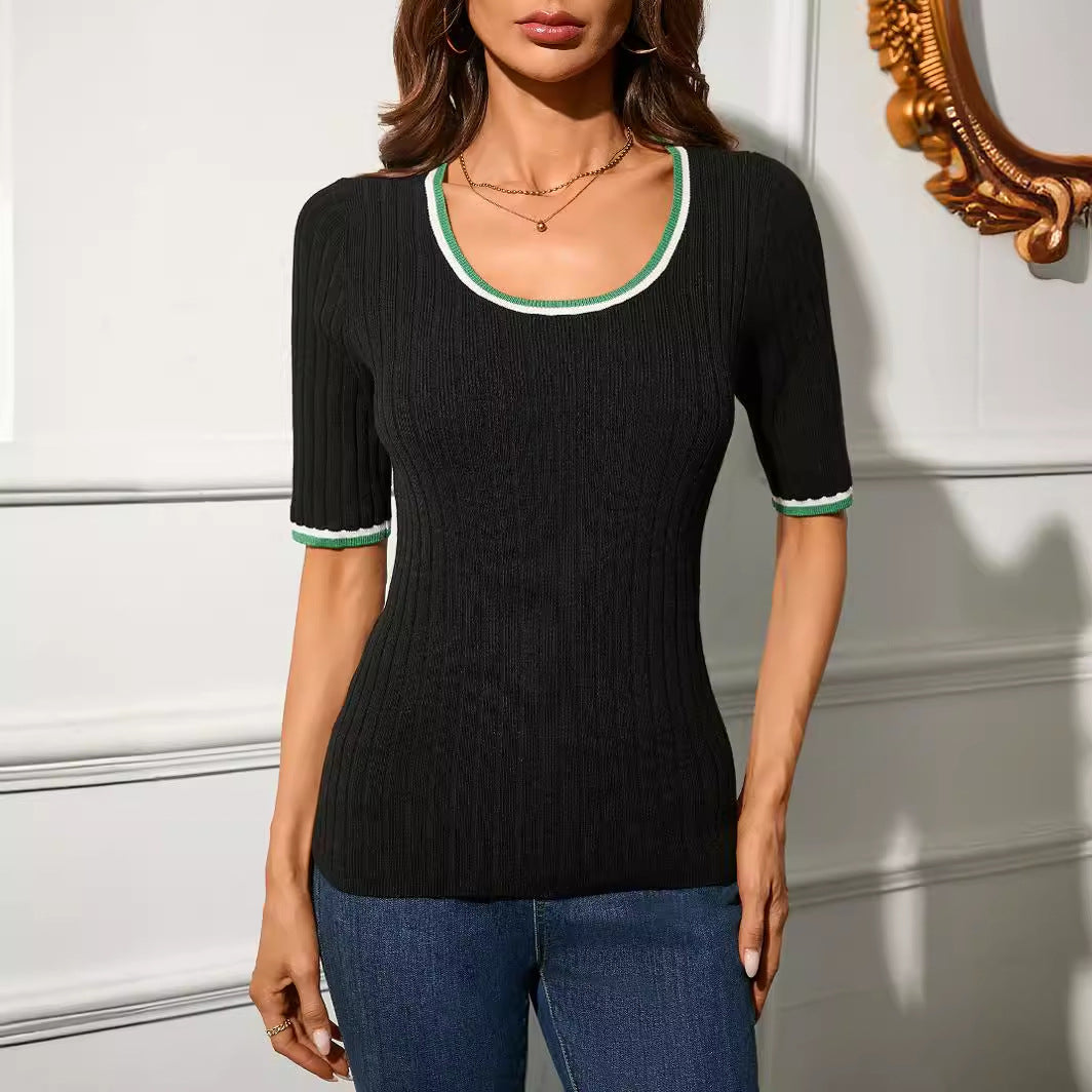 Knitwear Slim U-Neck Short Sleeves Striped Sweater