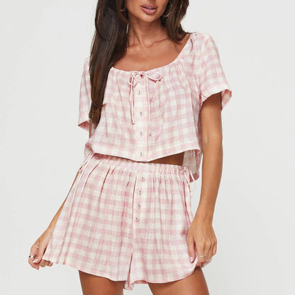 Pink Plaid Bow Lace-up Pajamas Set