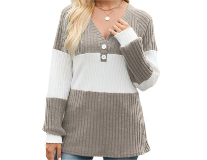 Long Sleeve Contrast Color Loose Sweater Top