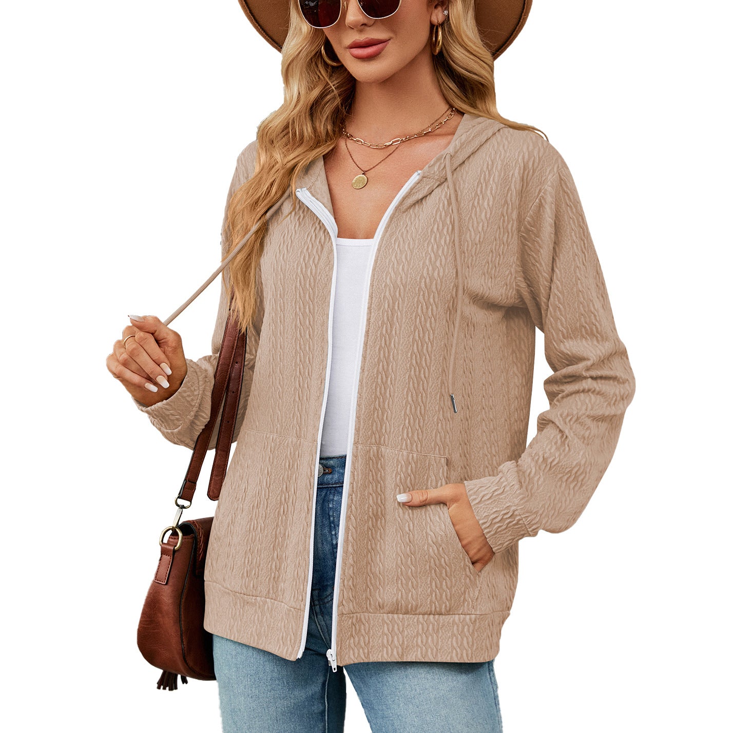 Loose Long-Sleeve Hooded Zip Jacket