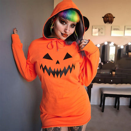 Halloween Pumpkin Print Long-Sleeve Hoodie with Drawstrings Sweater Dress