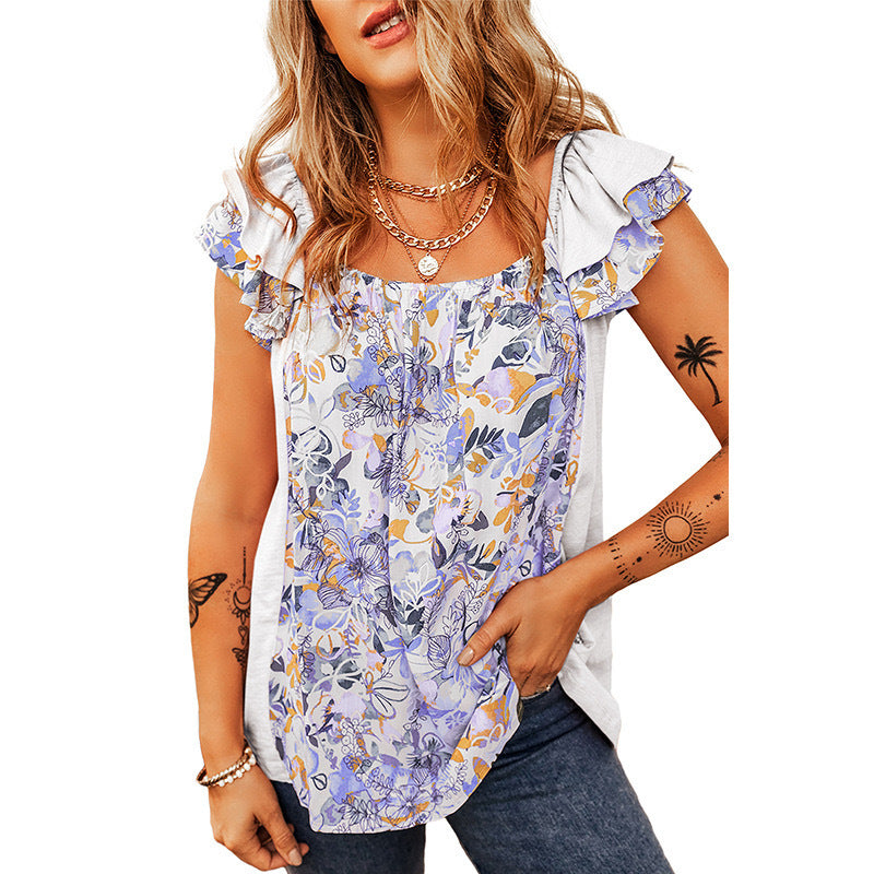 Square Collar Floral Flounce Sleeveless Top