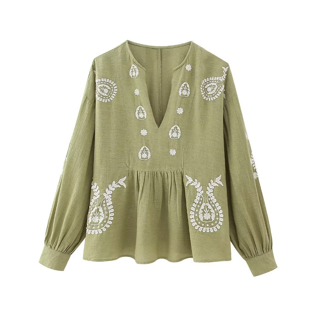 Long Sleeve V-Neck Embroidery Shirt