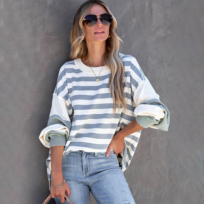 Striped Puff Long Sleeve Pulllover Sweater