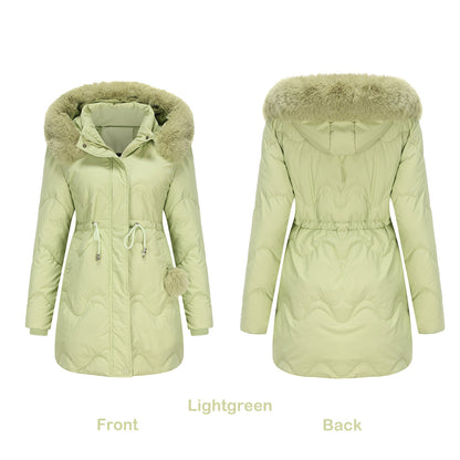 Cotton Detachable Wool Hooded Mid Length Parka Coat