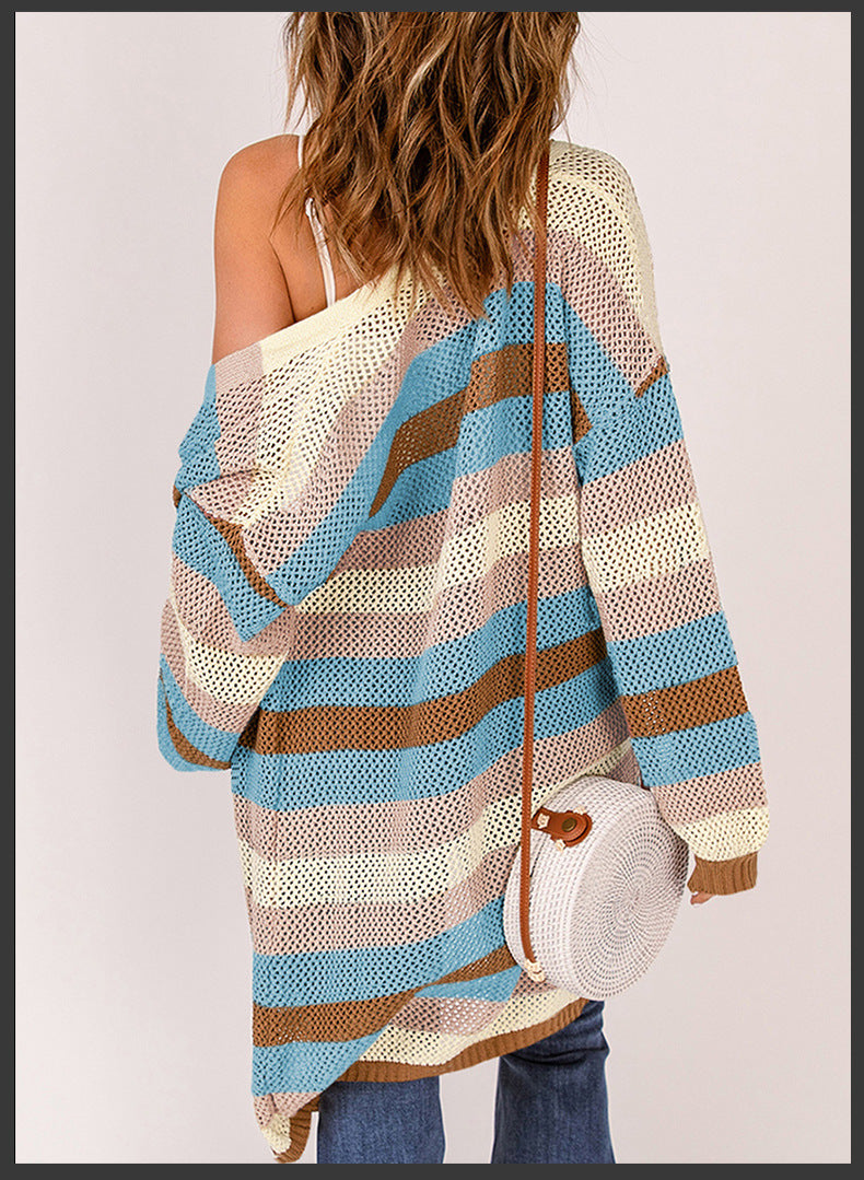 Striped Contrast Color Mid Length Long Sleeve Cardigan