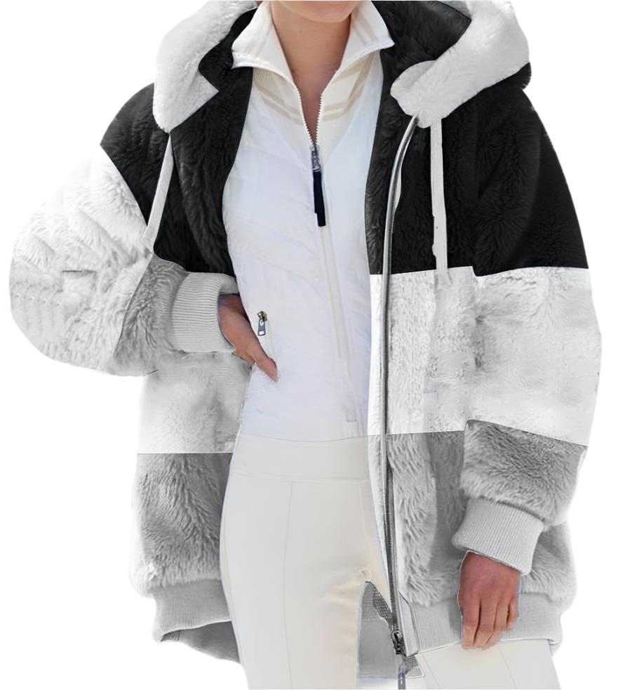 Warm Plush Patchwork Zipper Pocket Hooded Loose Coat