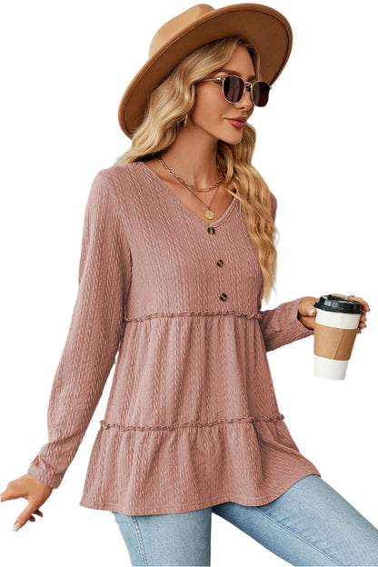 Solid Color V-Neck Button Stitching Loose Long Sleeved Top