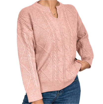 Elegant V-neck Twist Thread Geometric Abstract Pattern Knitted Sweater