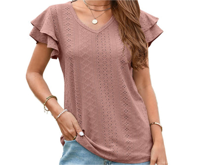 Mesh Hollow Cutout Ruffle Sleeve Casual Top