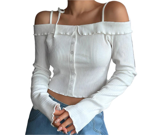 Simple Boat Collar Tie Strap Crop Long Sleeve Top