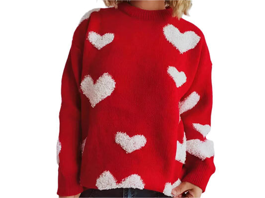 Casual loose fit red heart pullover sweater with white jacquard hearts, ideal for fall and winter season wear.