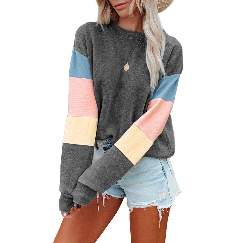 Round Neck Contrast Color Long Sleeve Pullover Sweatshirt